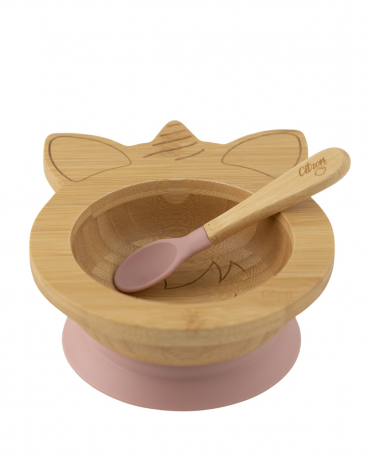 Organic Bamboo Bowl 250ml Suction + Spoon Unicorn Blush Pink