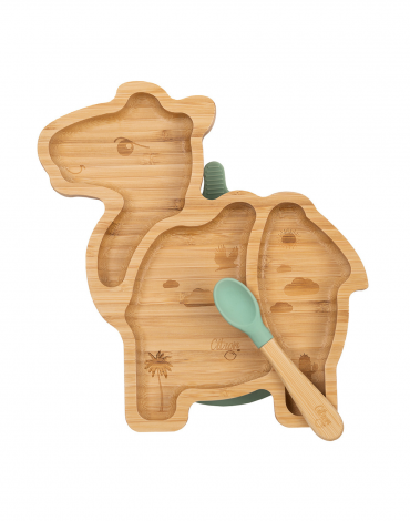 Organic Bamboo Plate Suction with Spoon - Camel Pastel Green