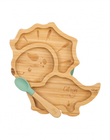Organic Bamboo Plate Suction with Spoon - Dino Pastel Green
