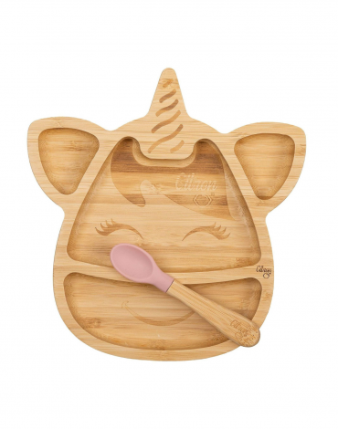 Organic Bamboo Plate Suction with Spoon - Unicorn Blush Pink